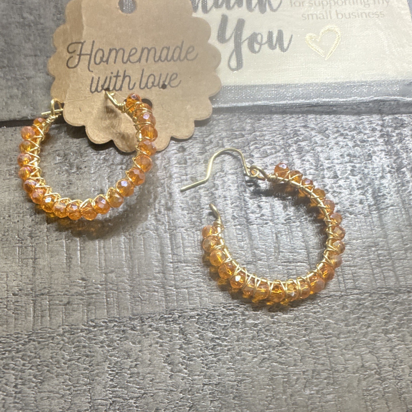 Handcrafted Gold Tone Orange Crystal Rondelle Beaded Hoop Dangle Earrings