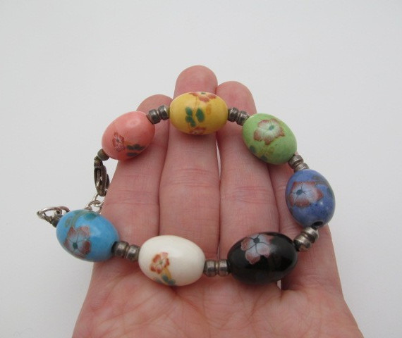 Vintage Painted Flower Ceramic Multi Color Egg 13.25mm Silver Tone Link Bracelet