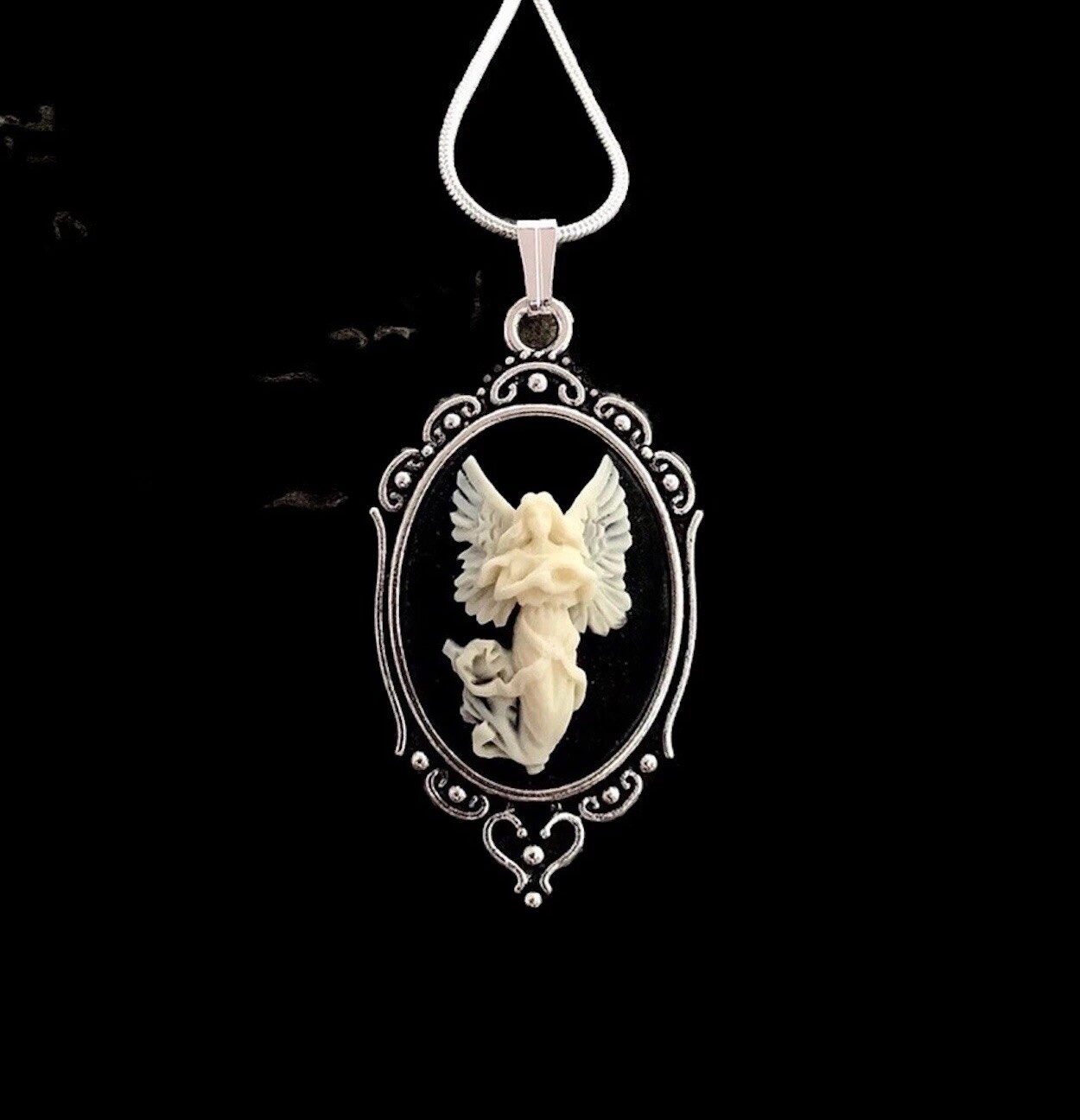 Vintage Guardian Angel Cameo Necklace, Ivory & Black, Sterling Silver Chain