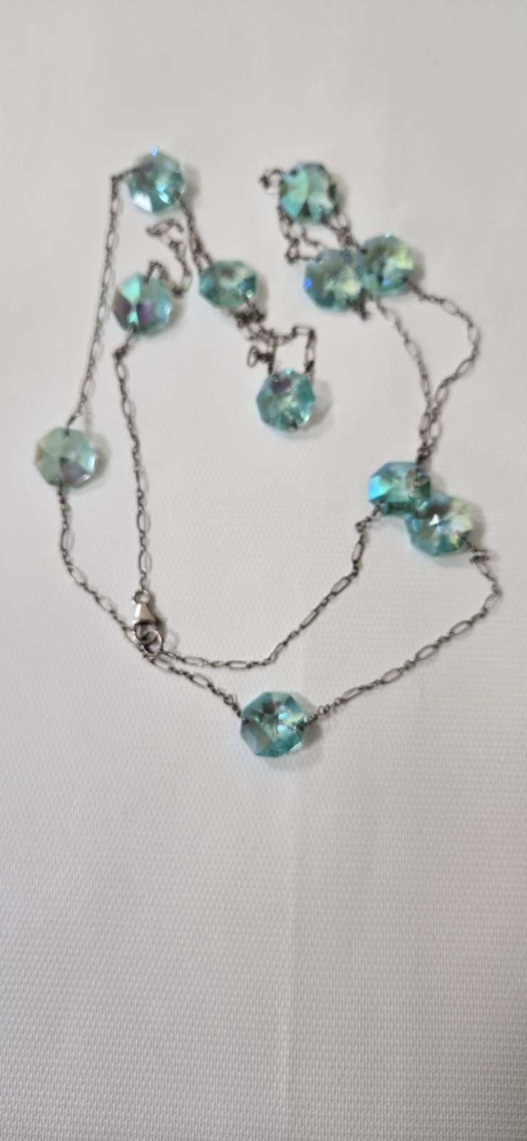 Vintage 925 Starling Silver Blue Crystal 41″ Long Station Necklace