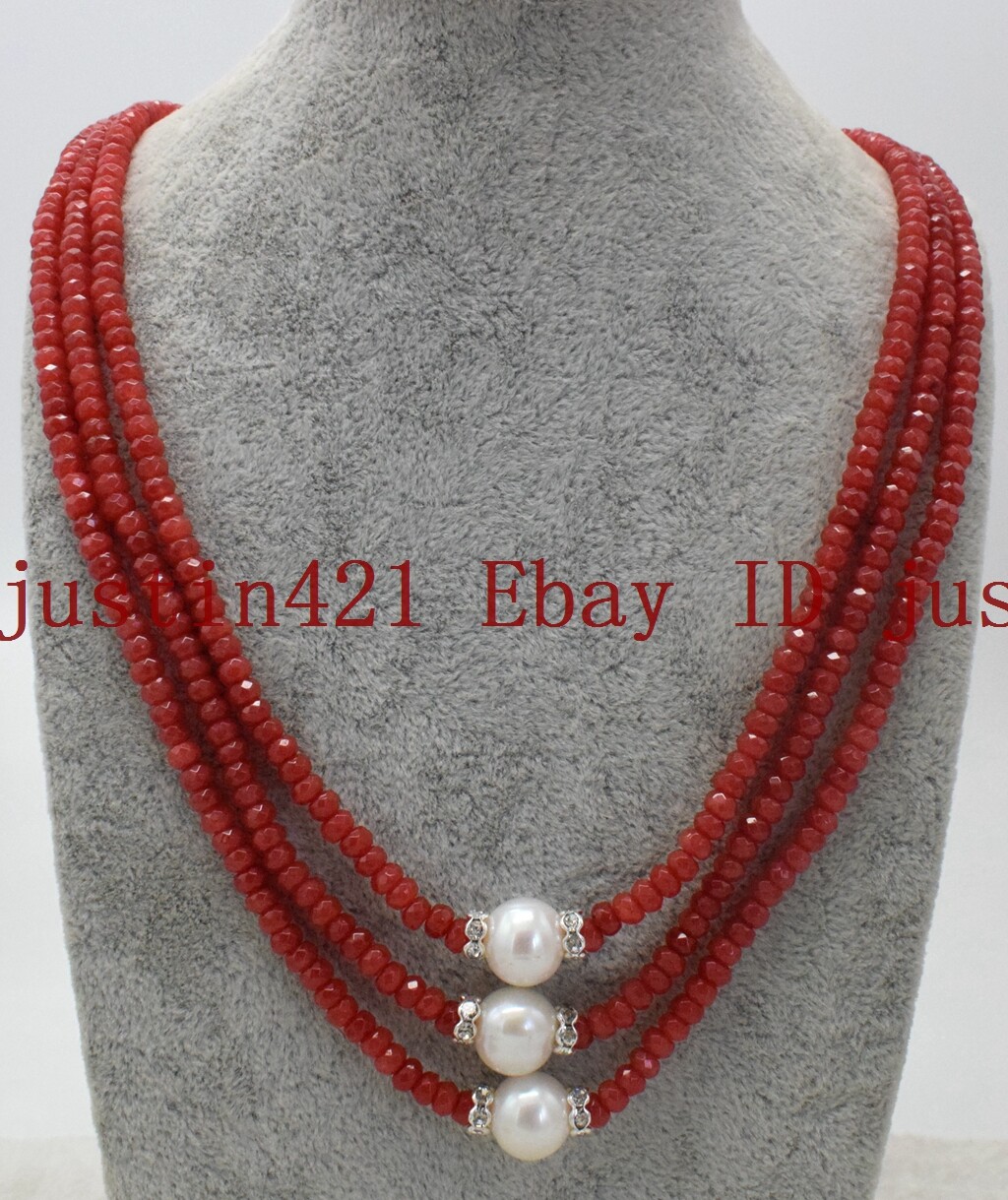 Fashion 3 Row 2x4mm Red Jade Roundelle Gems 9-10mm White Pearl Necklace 18-20”