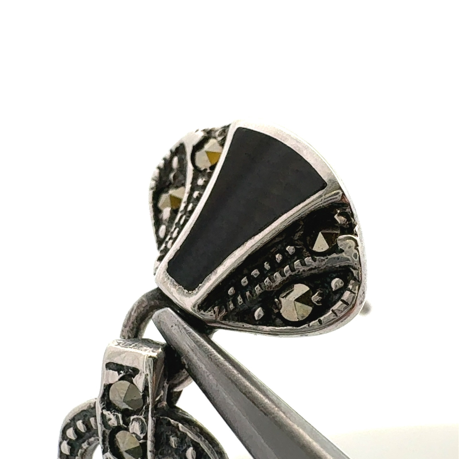 Vintage ACI 925 Sterling Silver Marcasite Black Onyx Art Deco Dangle Earrings