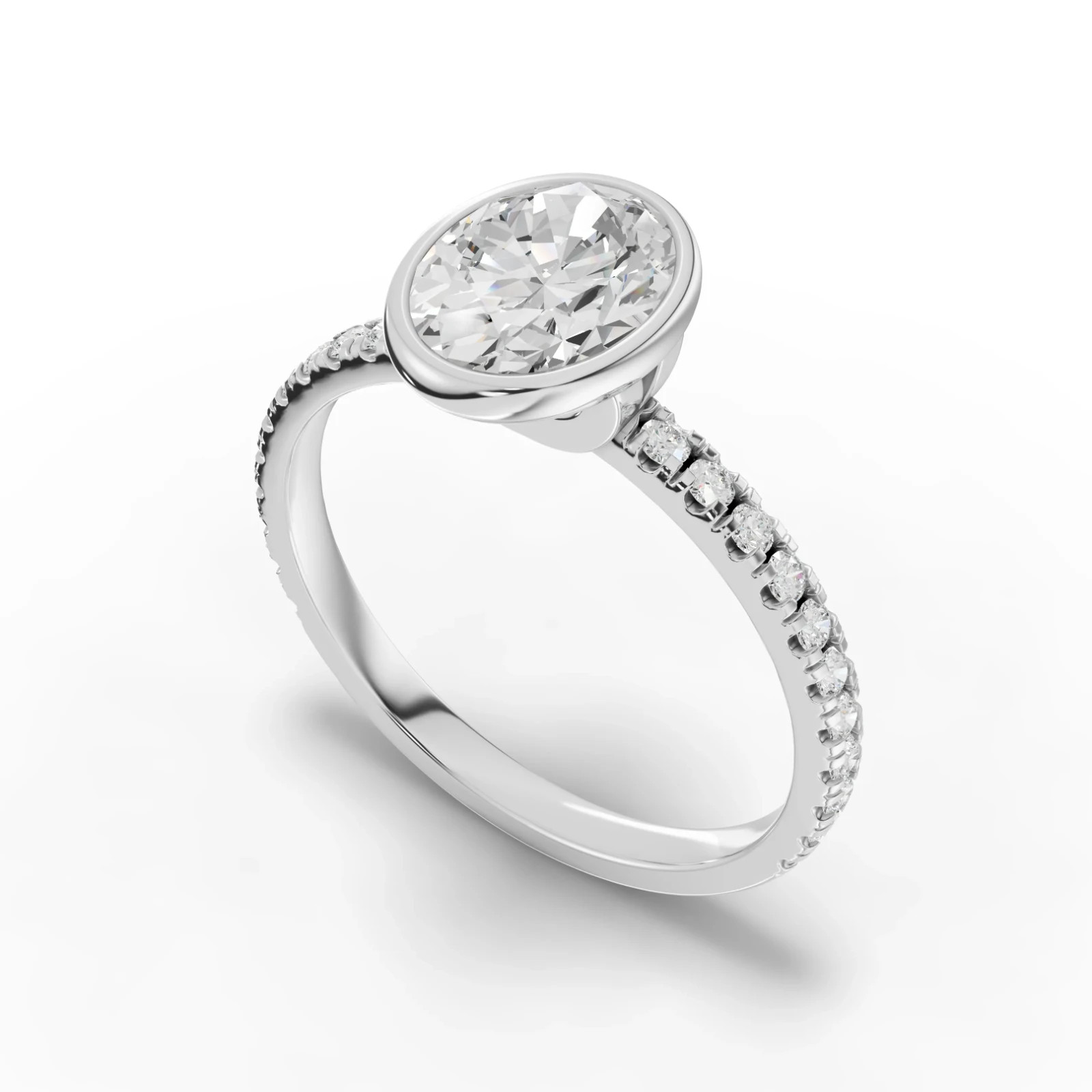 1.84 Ct Oval Solitaire Lab Grown Diamond Bezel Pavé Ring 18K White Gold