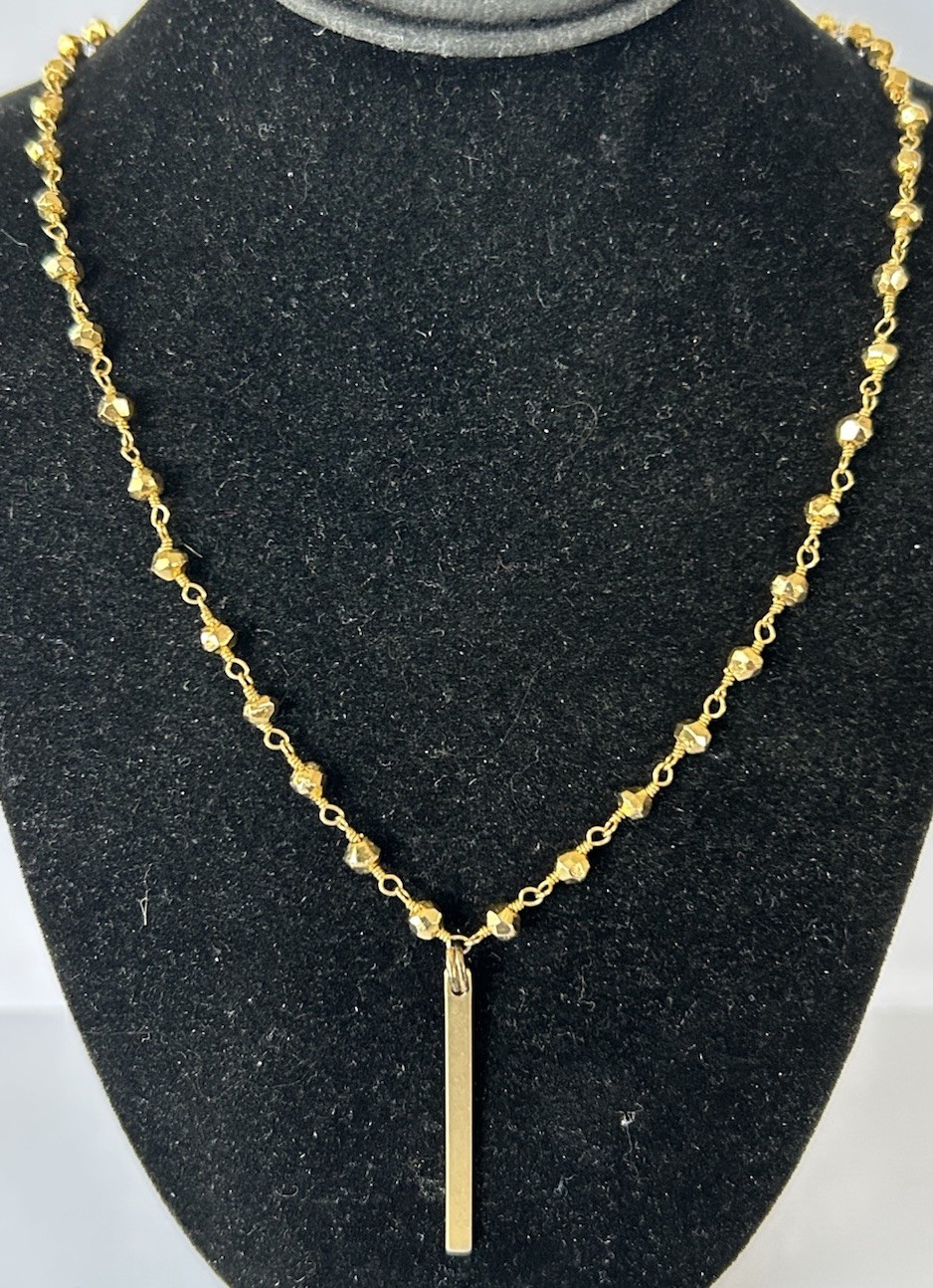 17” Gold Tone Station Faceted Bead And Chain Drop Bar Pendant Necklace