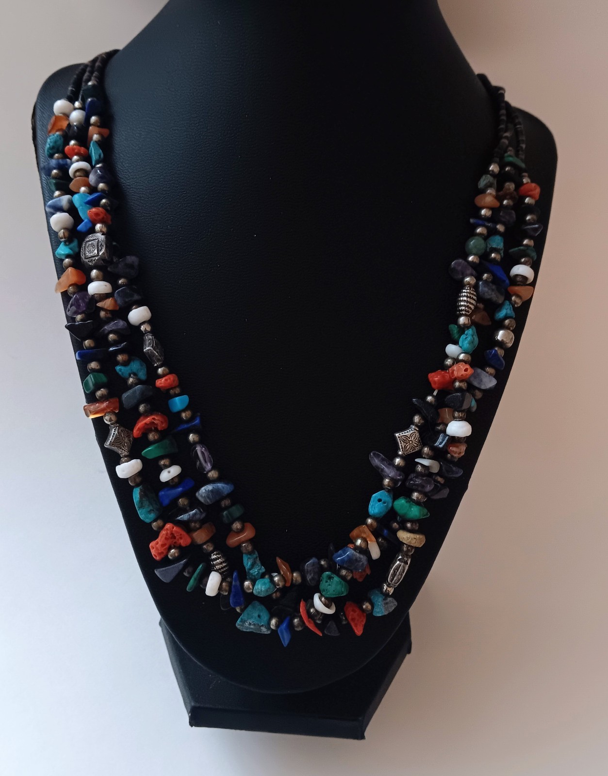 Vtg Native American Navajo Threestrand Turquoise Coral Amethist Sterling Necklac