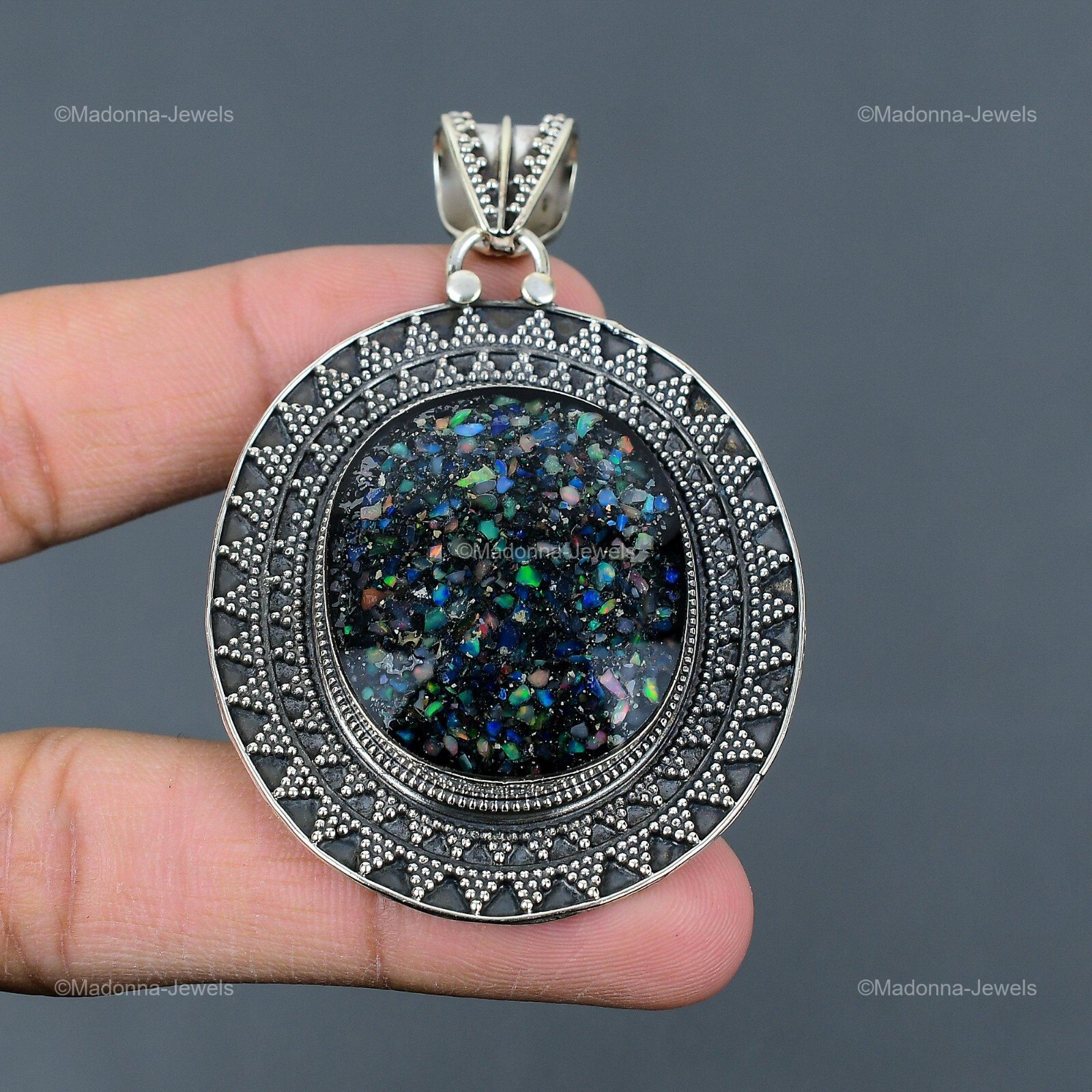 Black Ethiopian Opal Stone Handcrafted Vintage Pendant Jewelry Sterling Silver