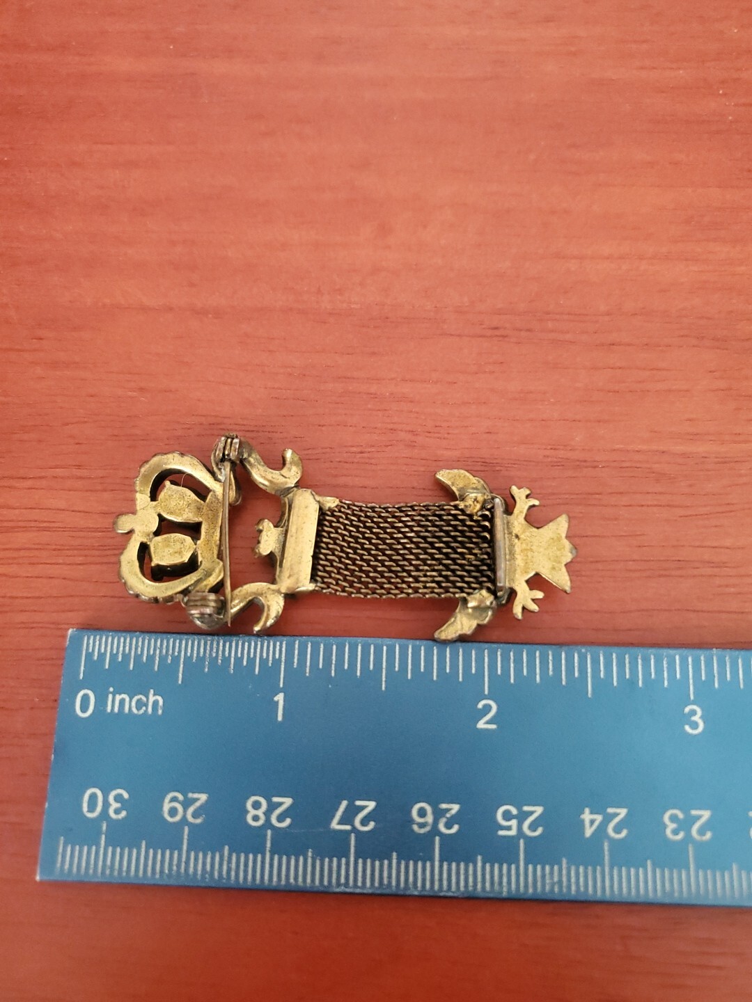 Vintage Victorian Mesh Drop Brooch Pin Gold Tone Amethyst Faux Pearl Crown Eagle
