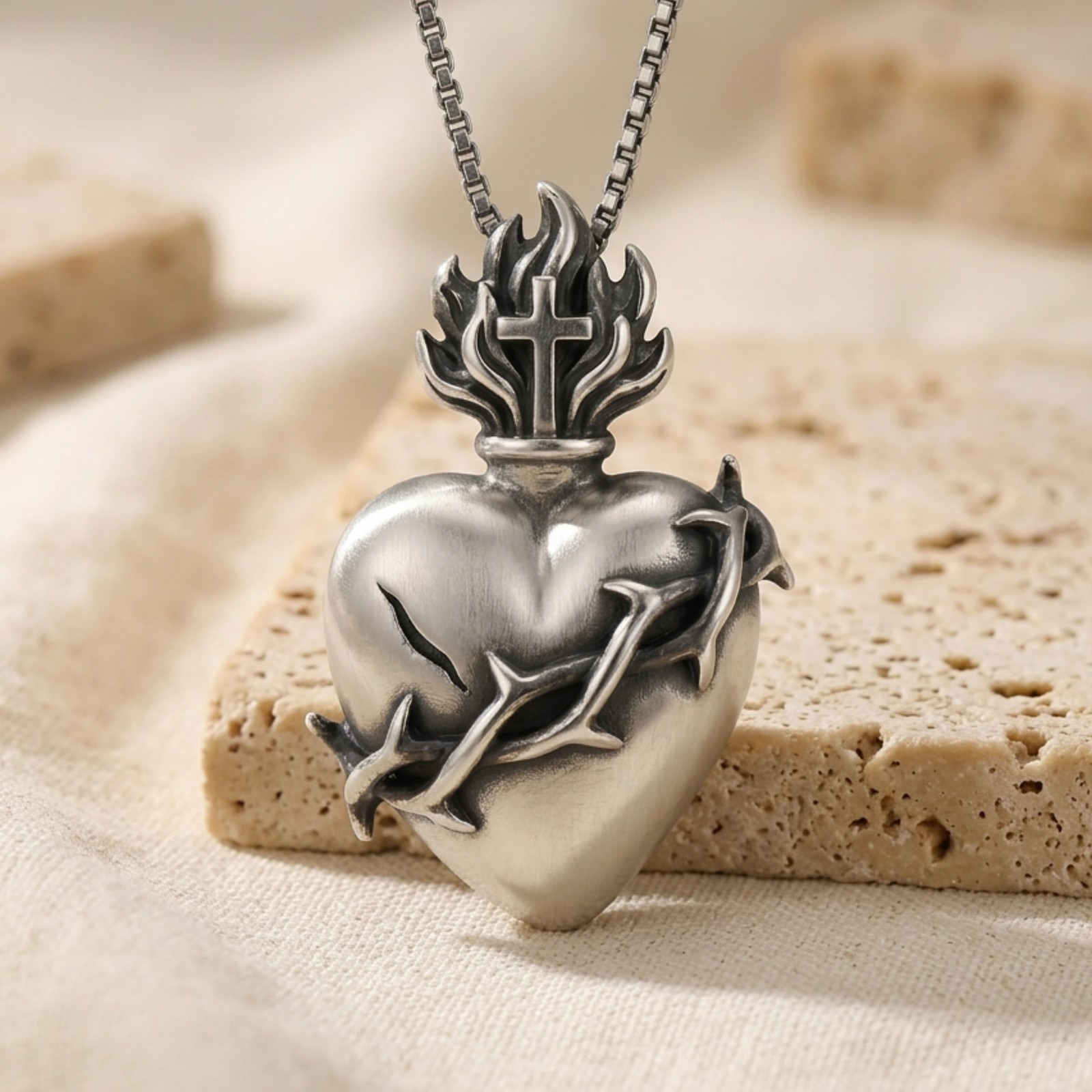 Handcrafted Sacred Heart Pendant 925 Sterling Silver Oxidized Crown Thorns