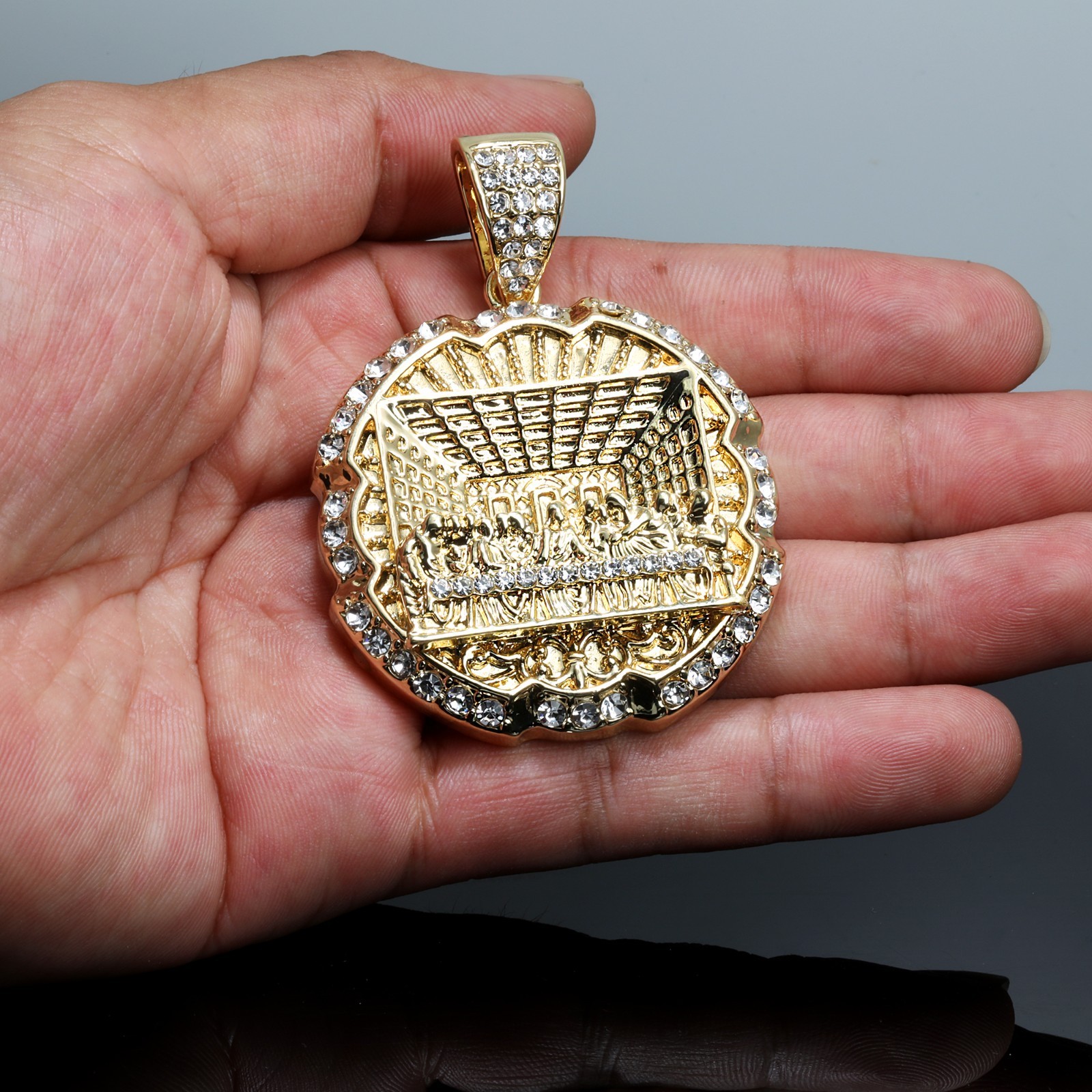 XL Last Supper Pendant Cubic Zirconia Iced Cuban Necklace Chain 14k Gold Plated