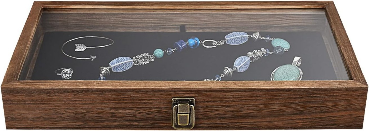 Elegant Antique Wood Jewelry Display Case with Tempered Glass Top & Velvet Pad