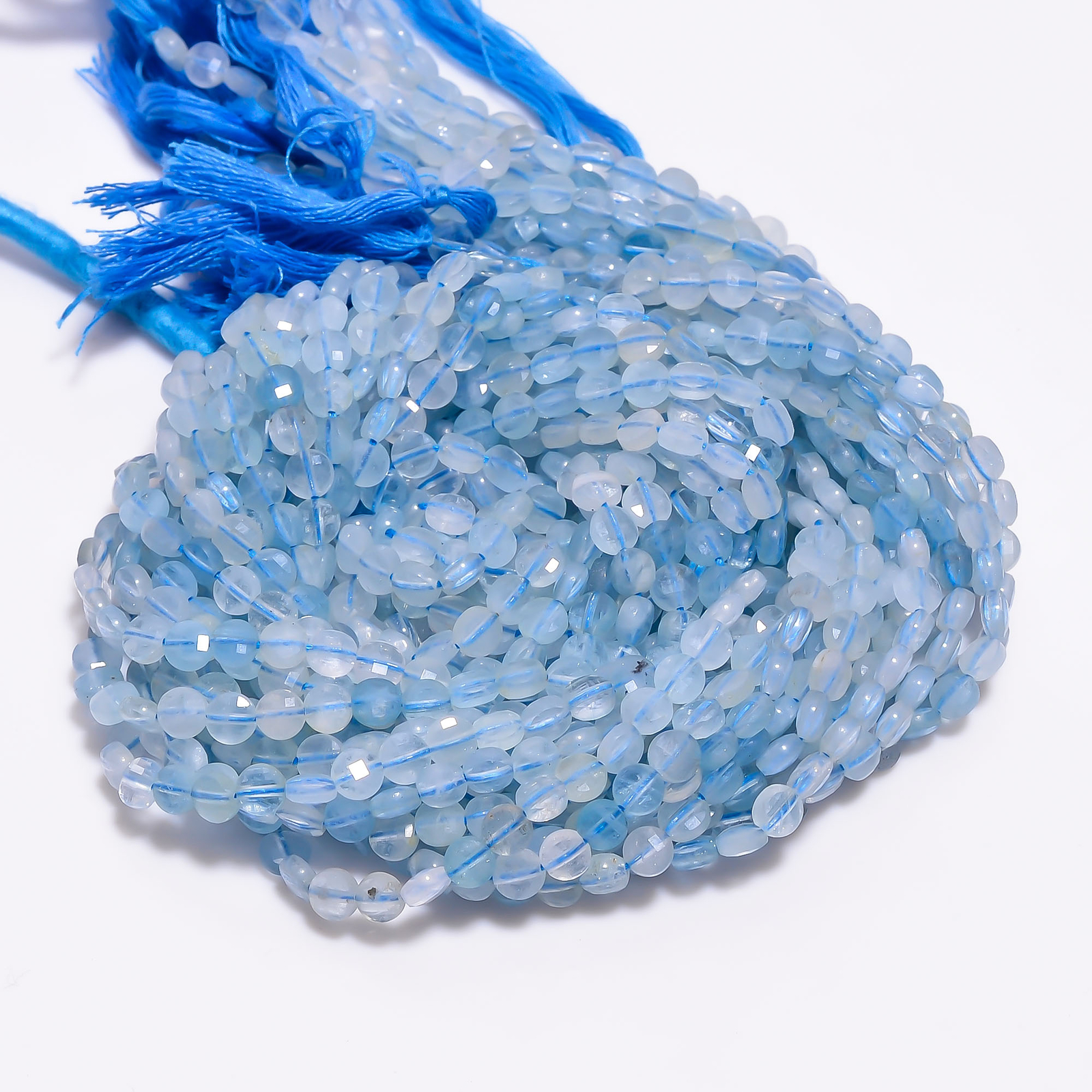 Natural Aquamarine Gemstone Coin Shape Faceted Beads 4X4 mm Strand 13″ EB-185