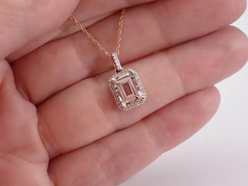 3Ct Emerald Cut Simulated Morganite Halo Lovely Pendant In 14K Rose Gold Plated