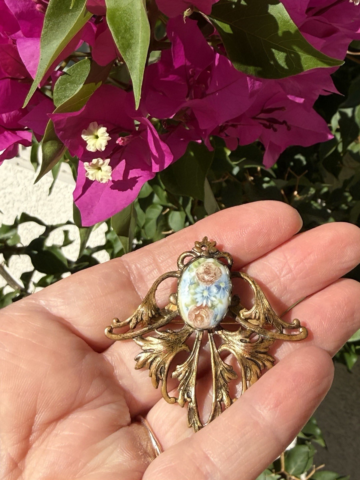 Vintage Ornate Brass Victorian Revival Brooch Pin With Ceramic Porcelain Flowers
