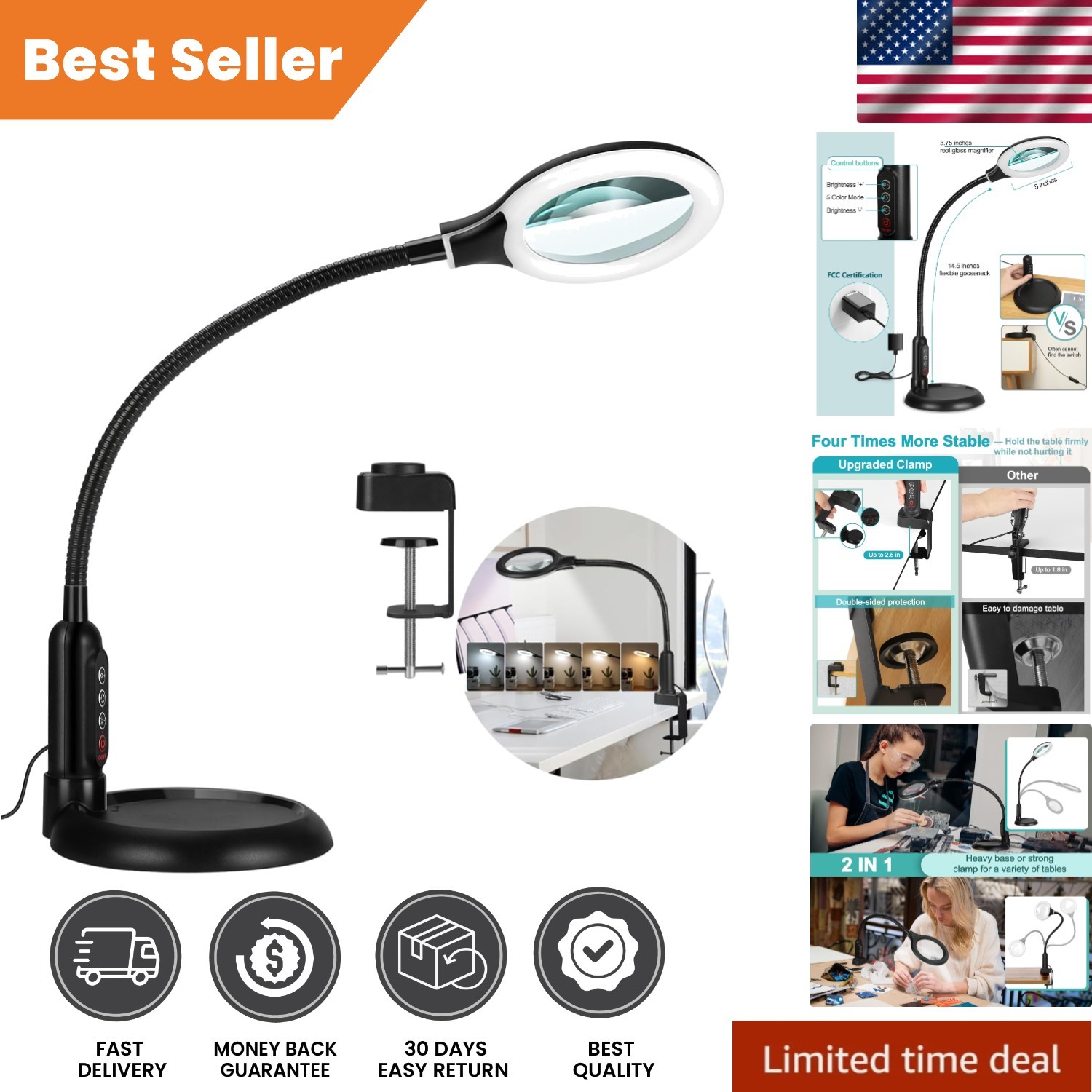 LED Desk Magnifier Lamp with Adjustable Gooseneck – 10X Magnification & Dimmable