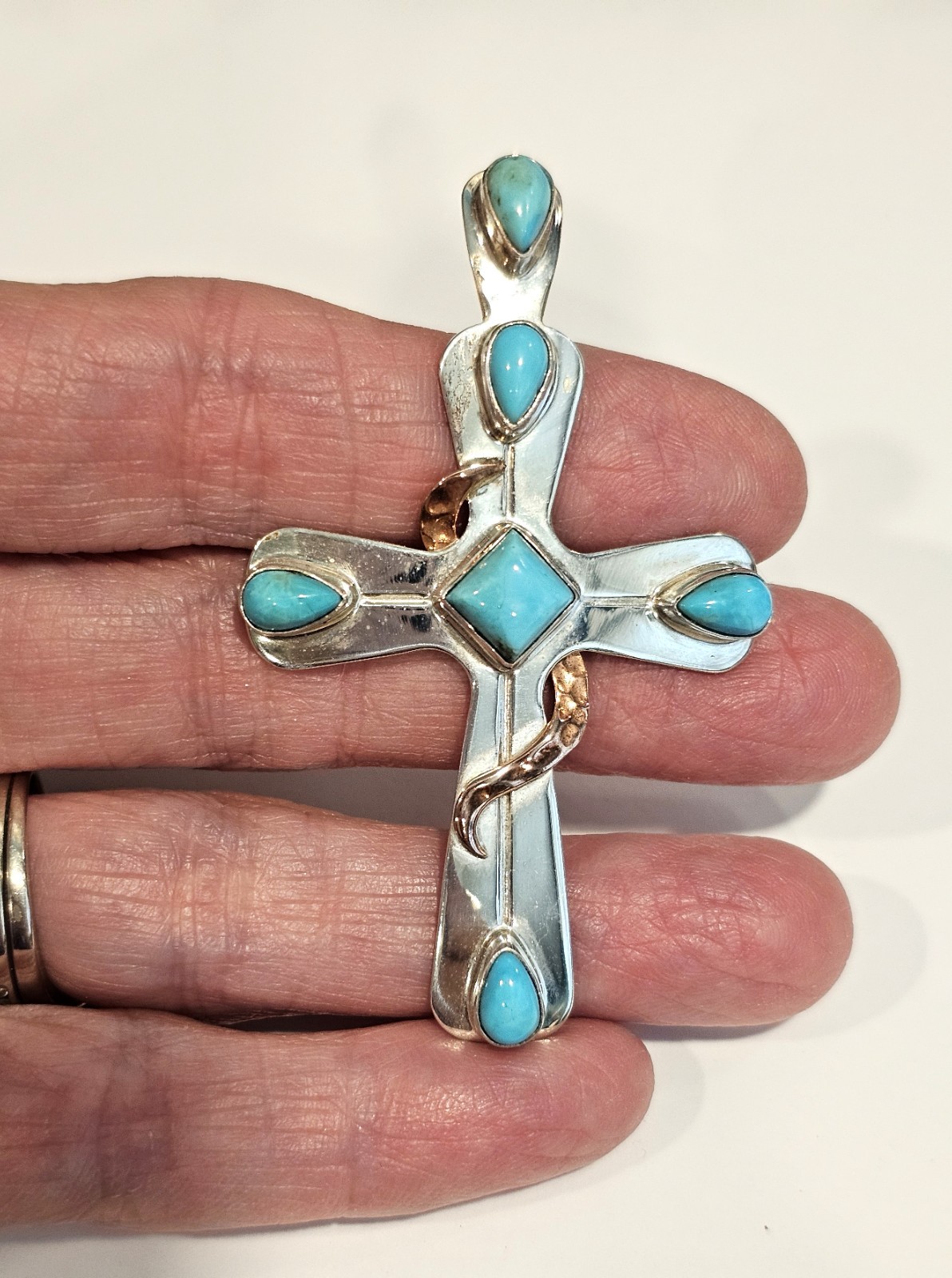 Jay King sterling silver turquoise cross pendant copper detail signed DTR