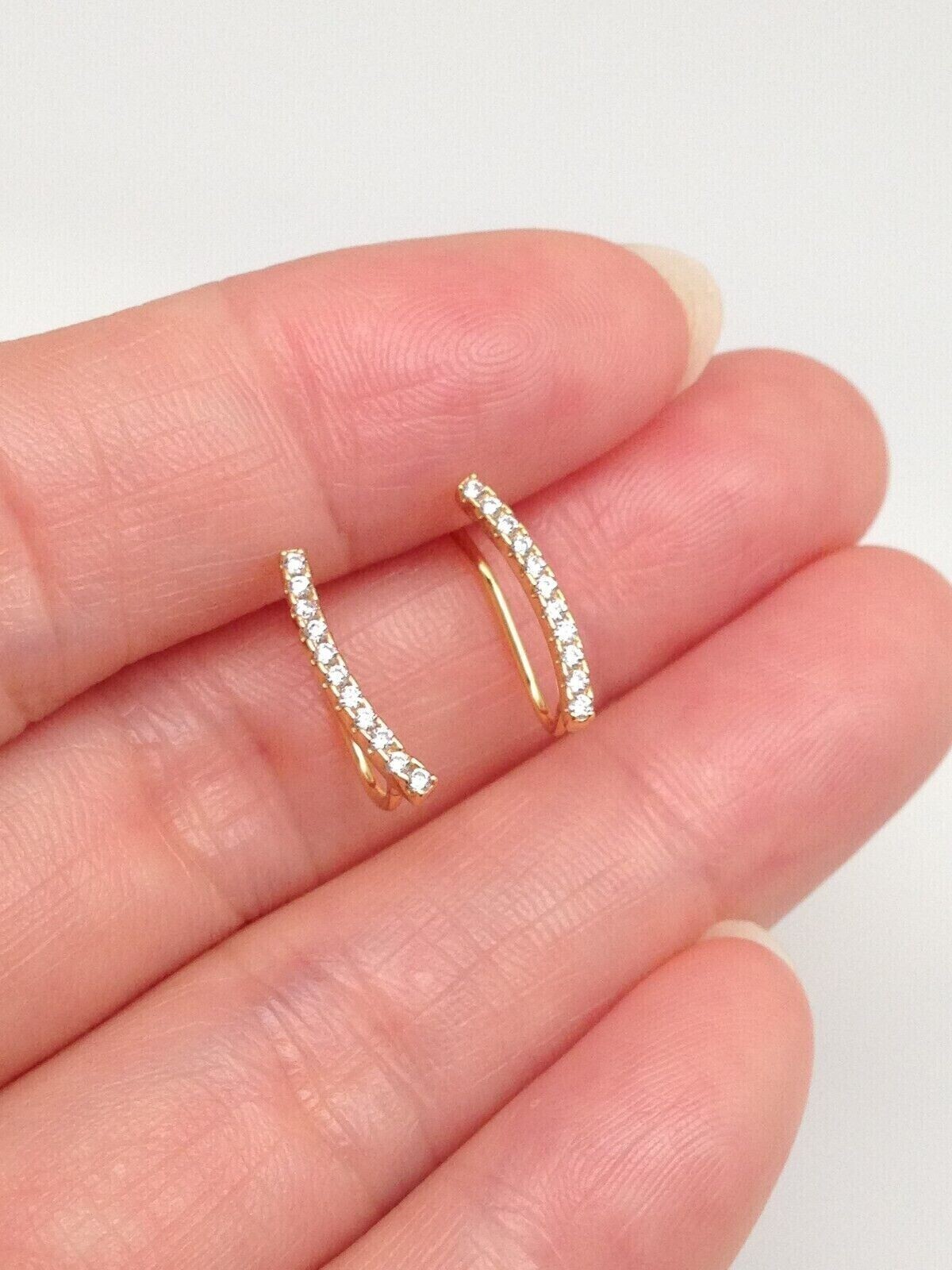 925 Sterling Silver CZ Curved Bar Climber Earrings Gold TINY 13mm x1mm Girls