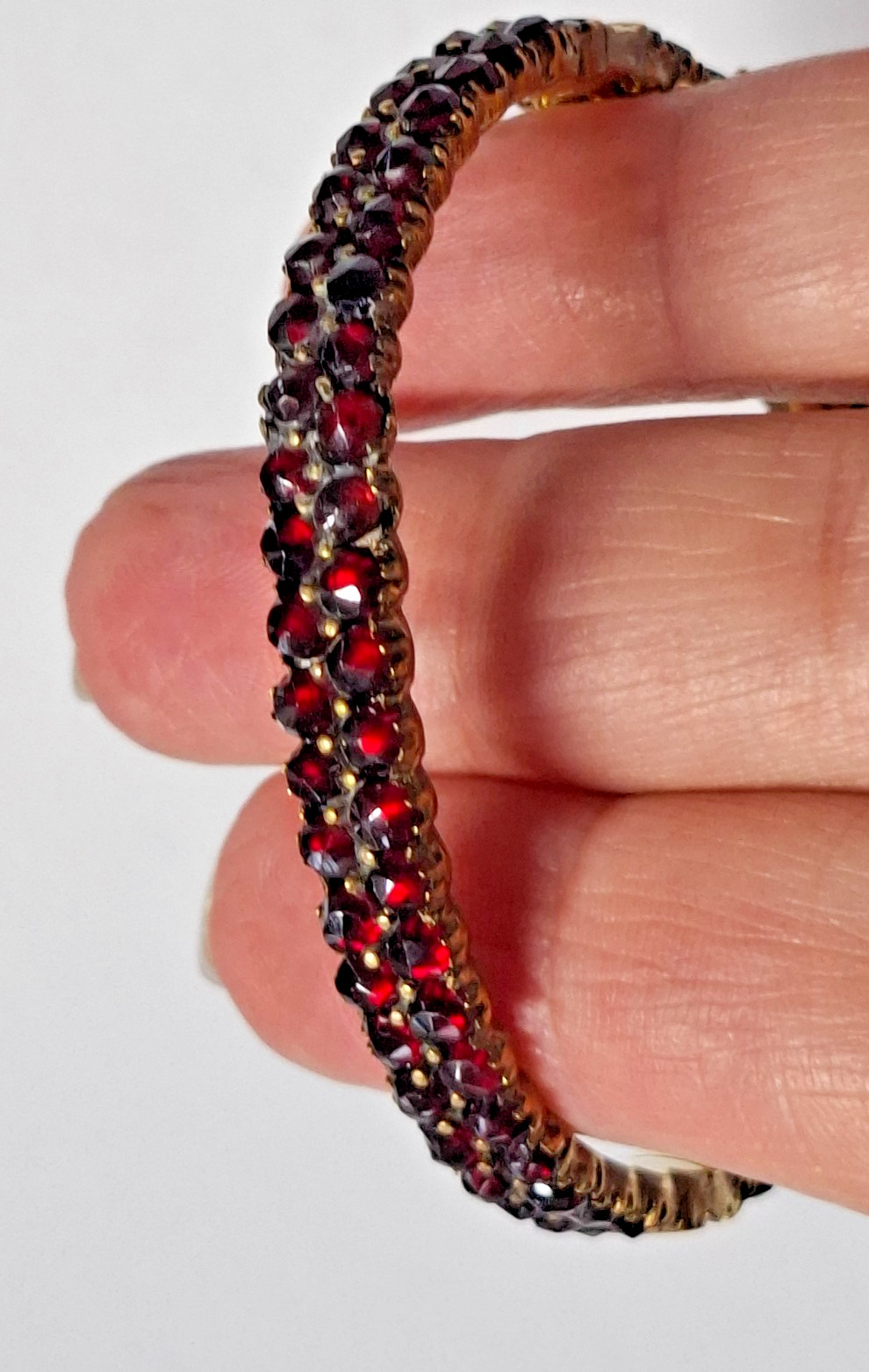Solid Antique Gold Plated Bangle With Safety Clasp Red Garnets