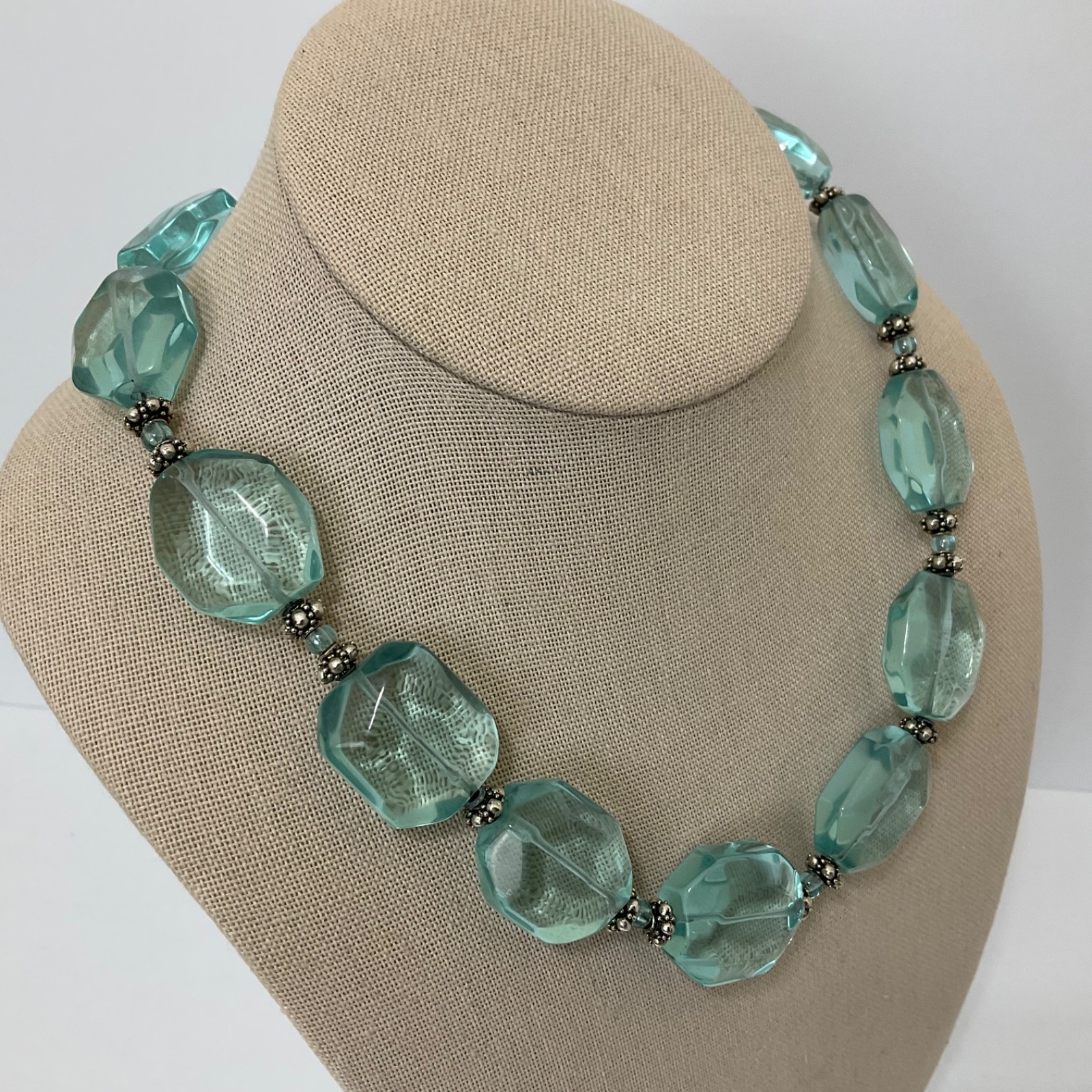 Vtg Aquamarine Glass Faceted Nuggets & Sterling Silver Beaded Necklace Adjusts