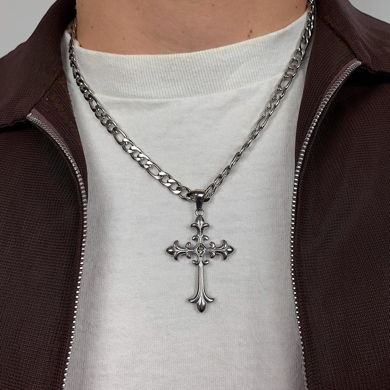 Y2k style Silver Figaro Big Gothic Rhinestone Cross Pendant Necklace. Stainless