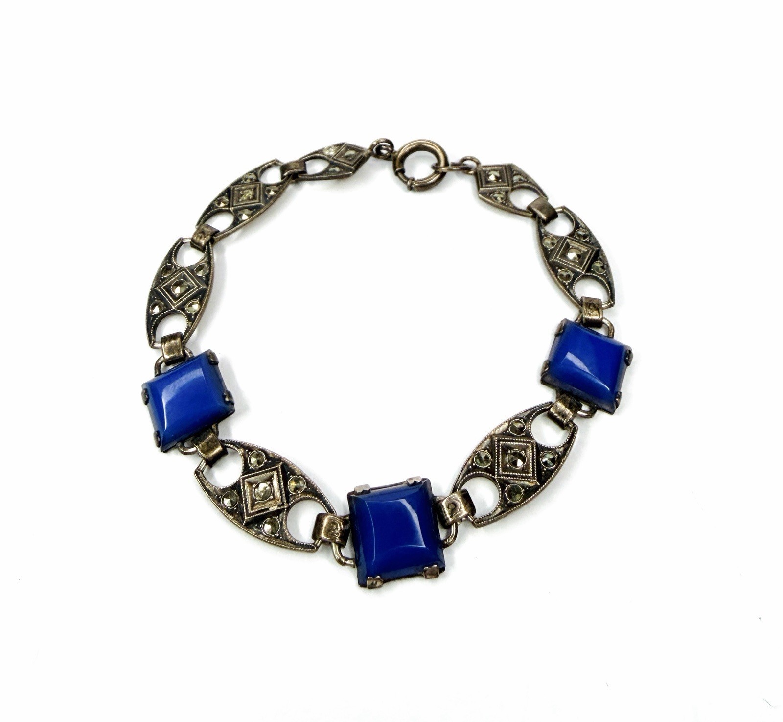 Rare Antique Art Deco Bracelet Blue Square Chalcedony Glass Beautiful Marcasite