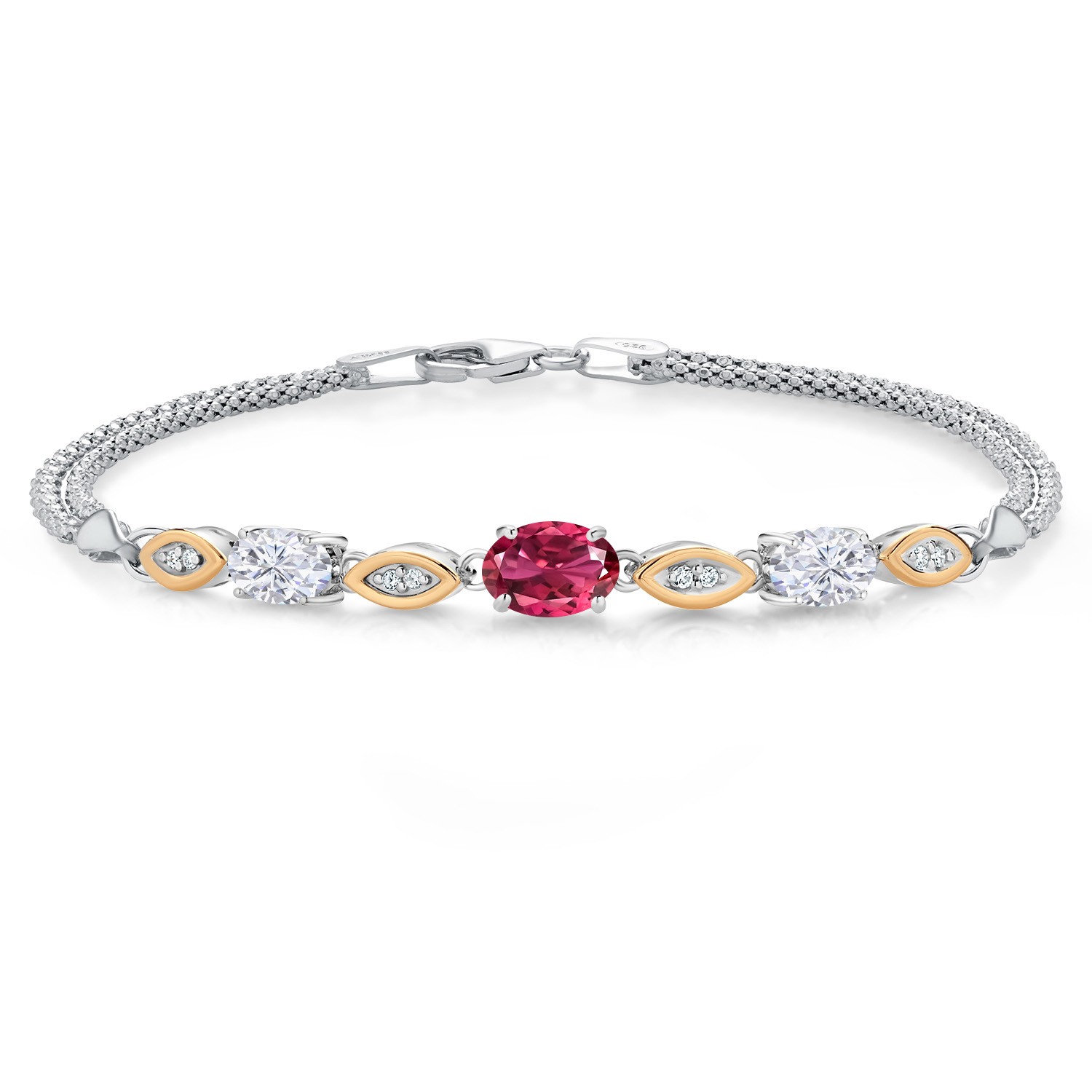 925 Silver and 10K Yellow Gold Pink Tourmaline and White Moissanite and White