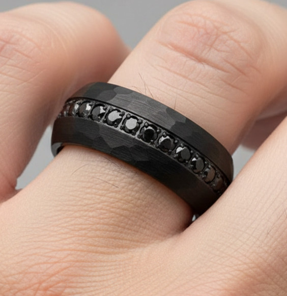 Elegant Black Tungsten Men’s Band – 8mm Hammered Style with Full Black CZ Ring