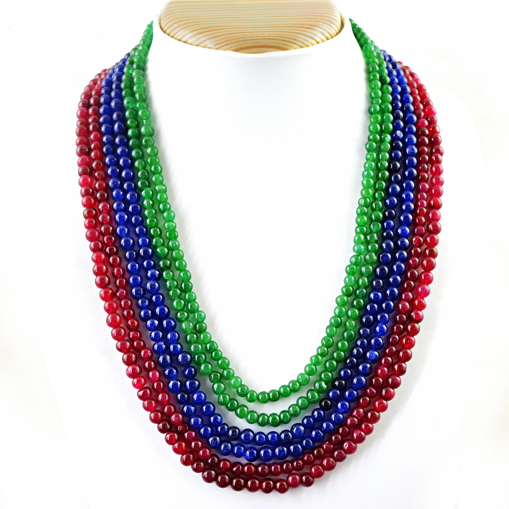 Earth Mined ENHANCED Ruby, Emerald & Sapphire 6 Line Round Beads Necklace (RS)