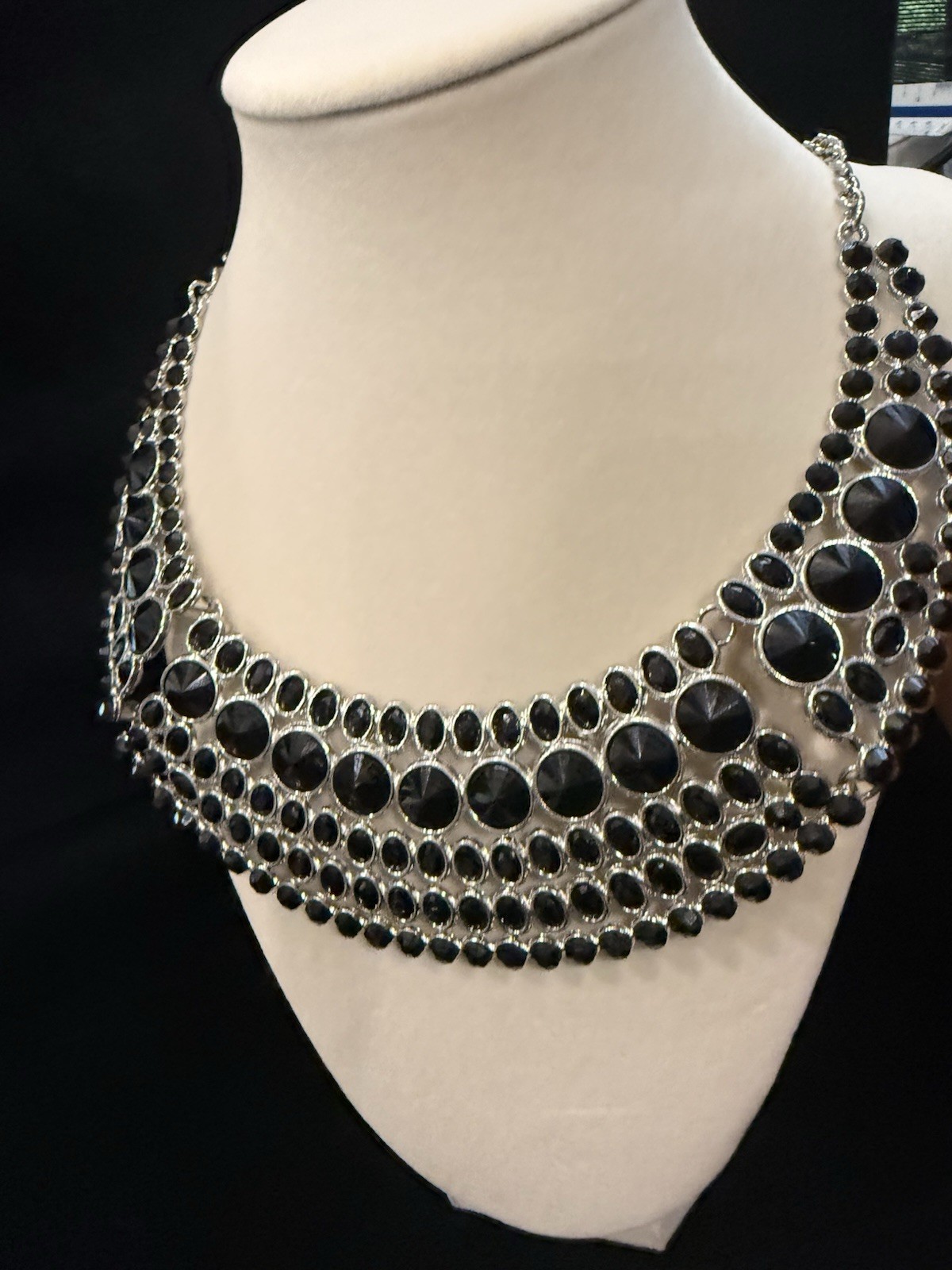 Black Round Crystal Multi-Row Statement Collar Necklace Silver Plated Lobster