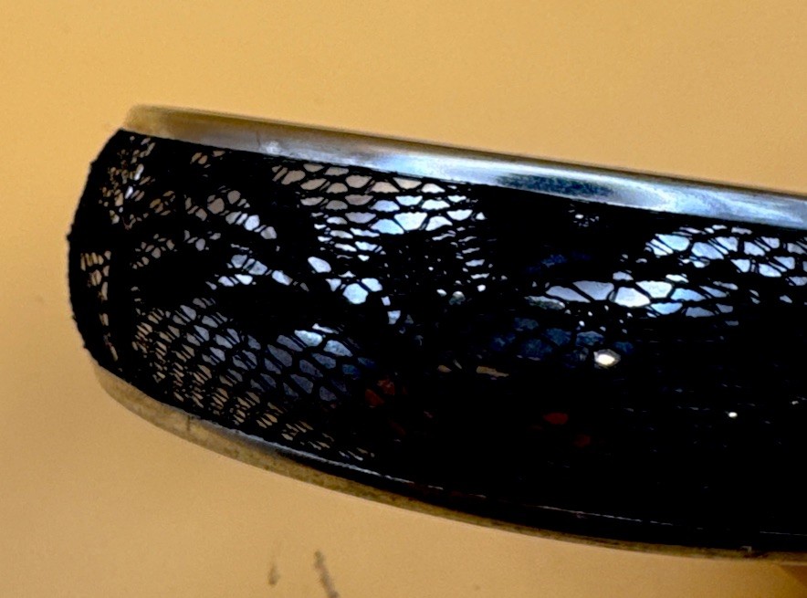 Vintage Black Lace On Silver Bangle Bracelet 3/4 Inch Wide 3 Inch Diameter