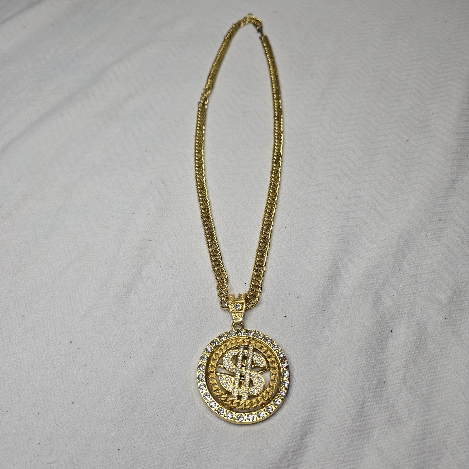 Gold Tone Rhinestone Dollar Sign Pendant Cuban Chain Necklace