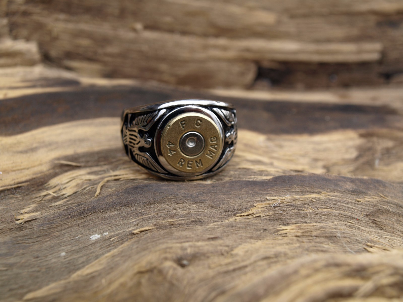 Stainless Steel Eagle Bullet Ring. 44 Mag Casing. Optional Glass Crystal