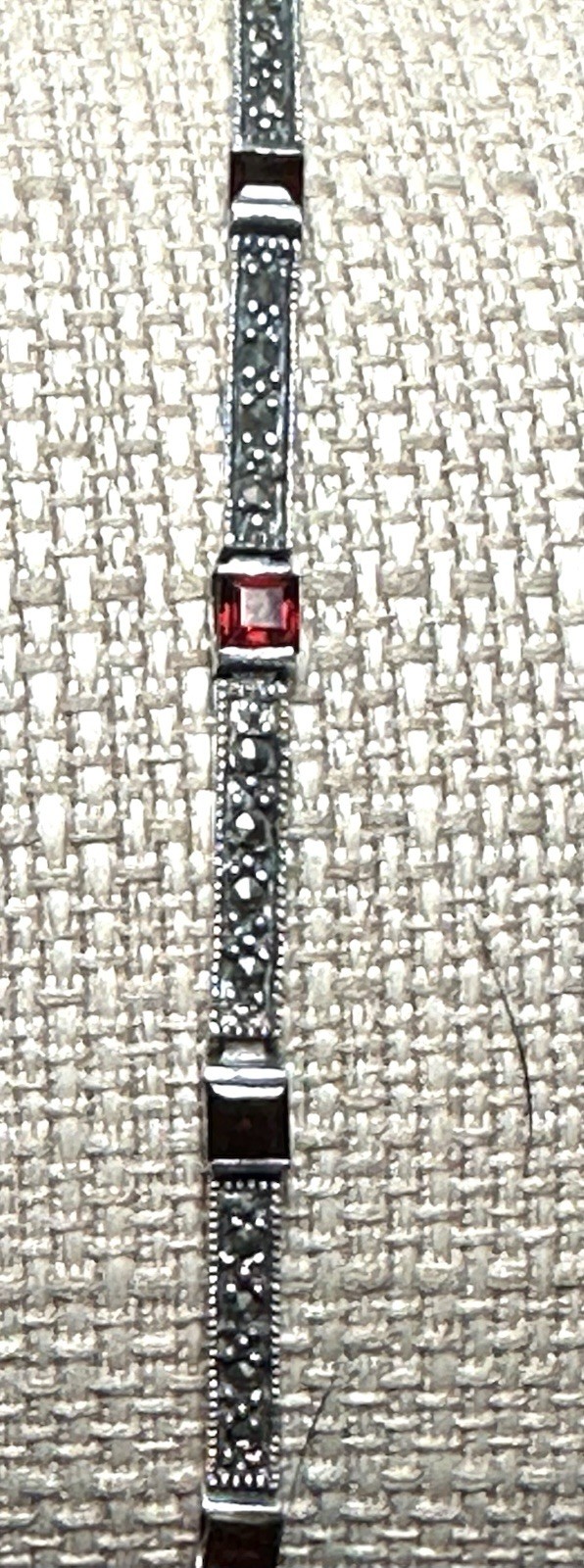 Vintage Sterling Silver Marcasite & Garnet/Ruby Bracelet 7″