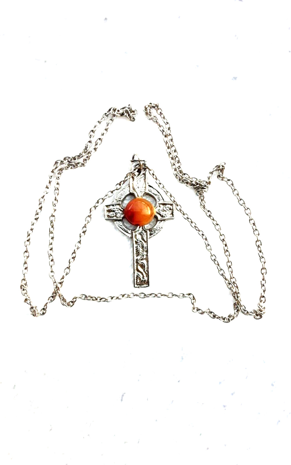 Vintage Pewter Celtic Cross Pendant Necklace Citrine blood orange Glass Stone