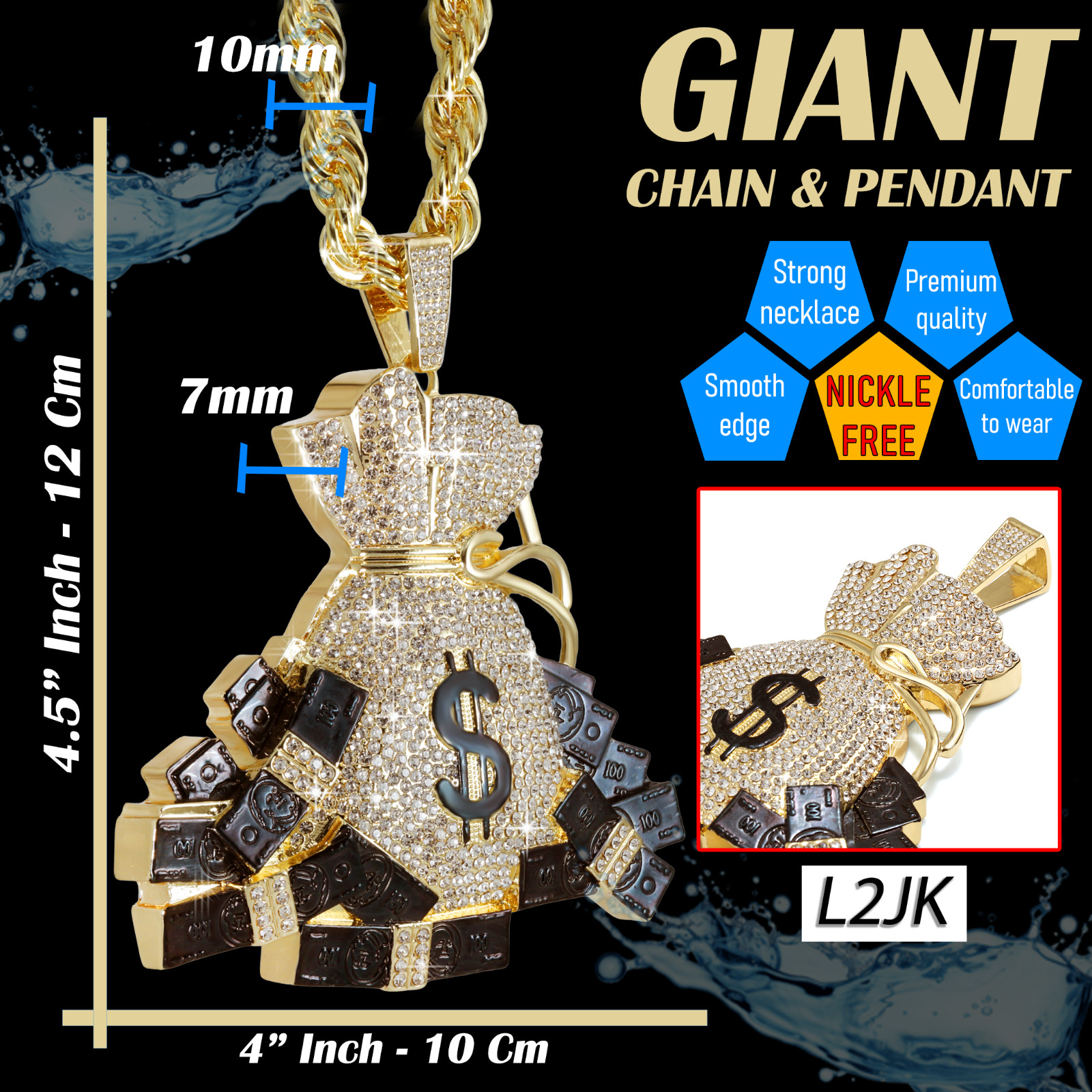 14K Rope Chain Necklace 10mm 24″ & 30″ | Huge Money Bag Gold Plated XXL Hip Hop