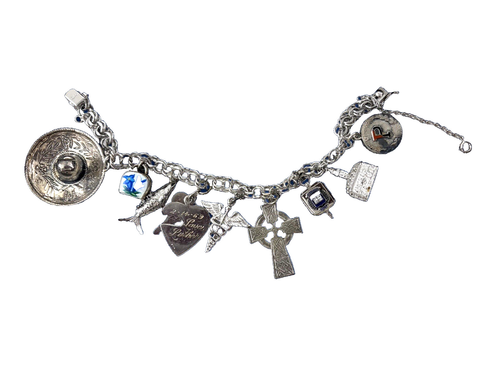 Sterling SIlver Charm Bracelet 50g Vintage 1960s American Yale Doctor 10 Charms