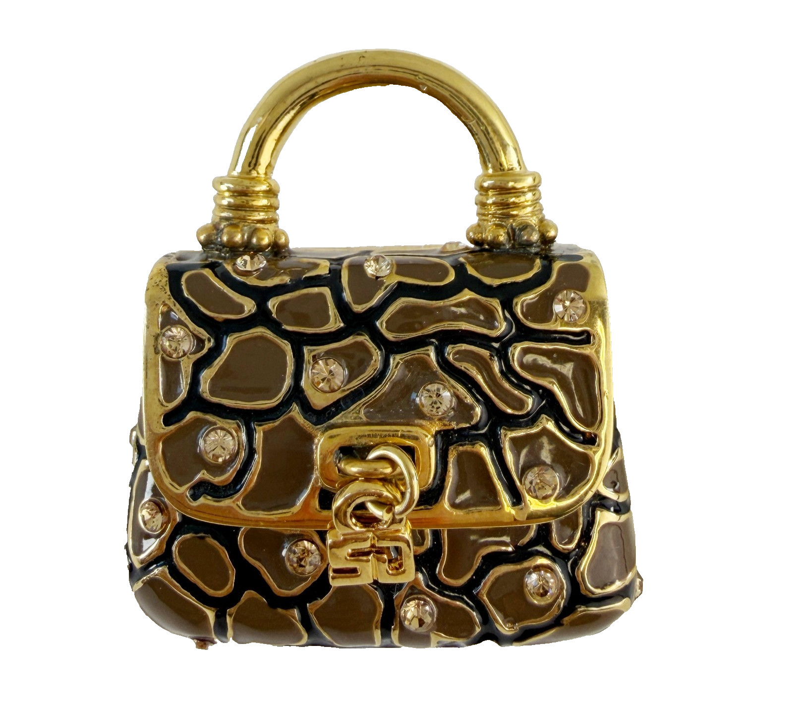 NEW ST. JOHN Handbag Brooch Brown Print Enamel Crystals 24KGP Logo Pin Enhancer