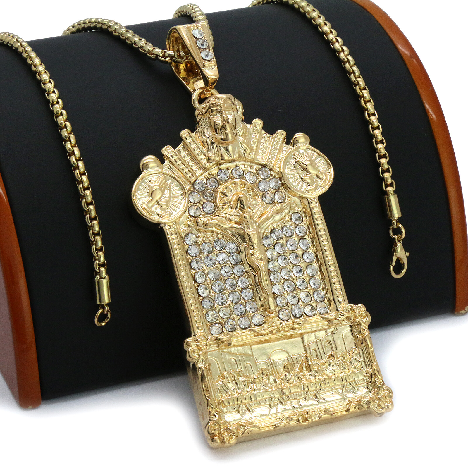 14k Gold Plated Last Supper Jesus Temple Pendant Cubic-Zirconia 24″ Box Chainn