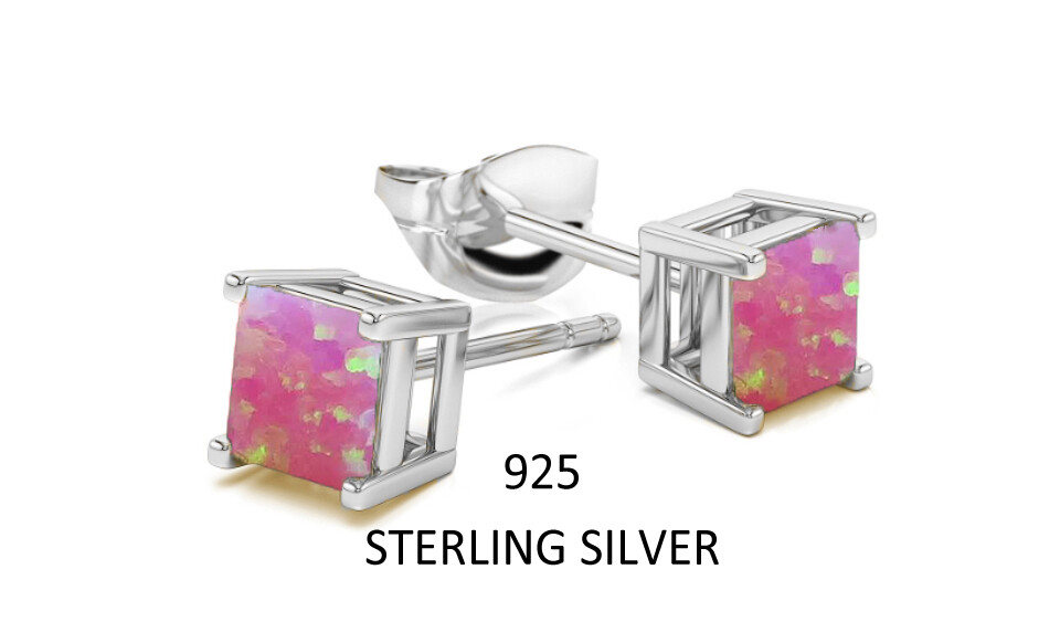 925 Silver Charm Blue & white Fire Opal Square Cut Earrings Stud Women Jewelry