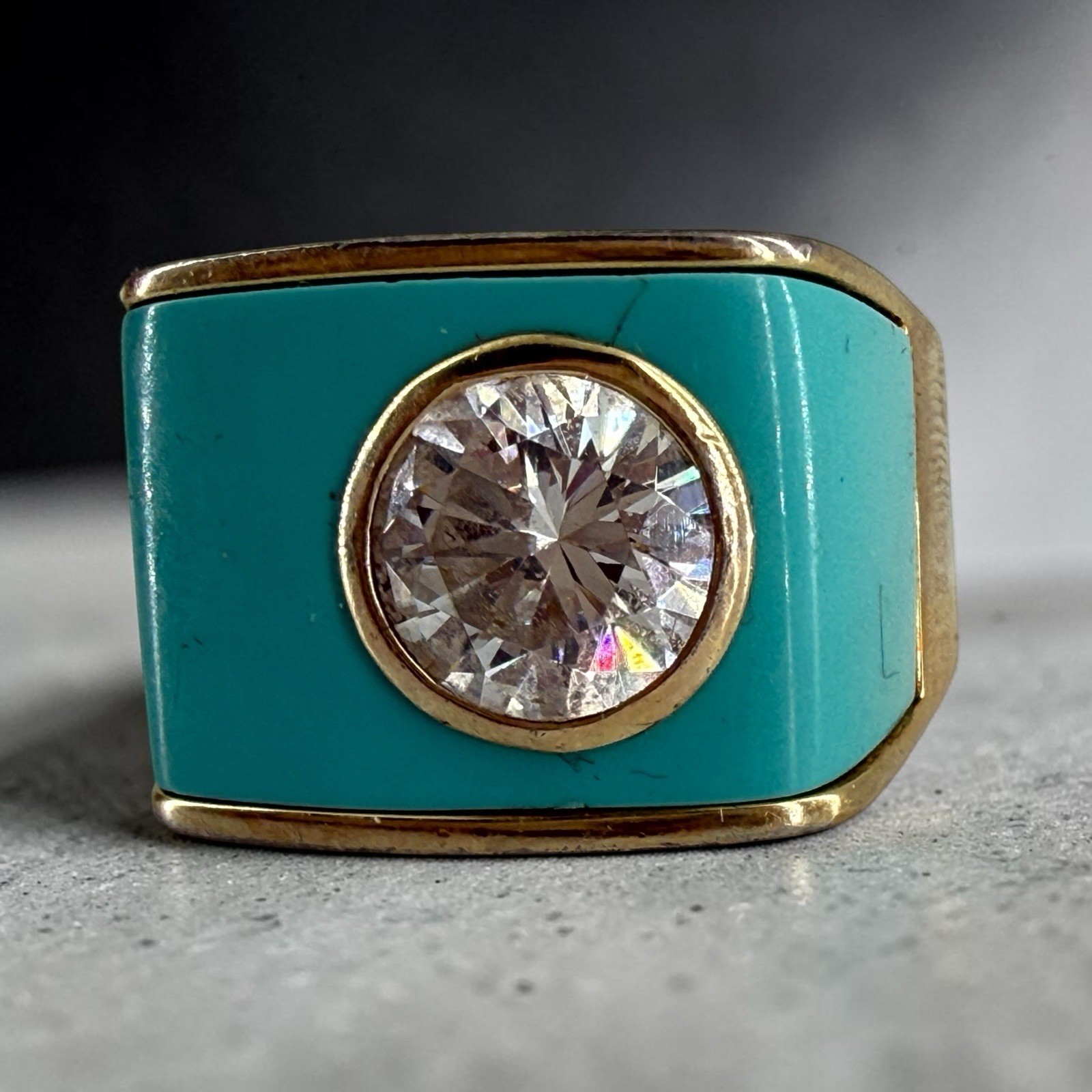 Swarovski Adrienne Arpel Teal Enamel Vermeil 925 Retro Statement Ring Sz 9.5