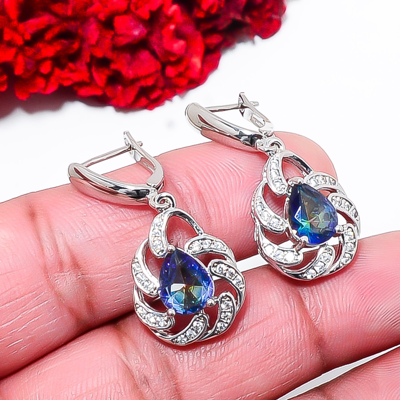 Blue Rainbow Mystic Fire Topaz & Cz 925 Sterling Silver Drop Earring 1.30″ E9417