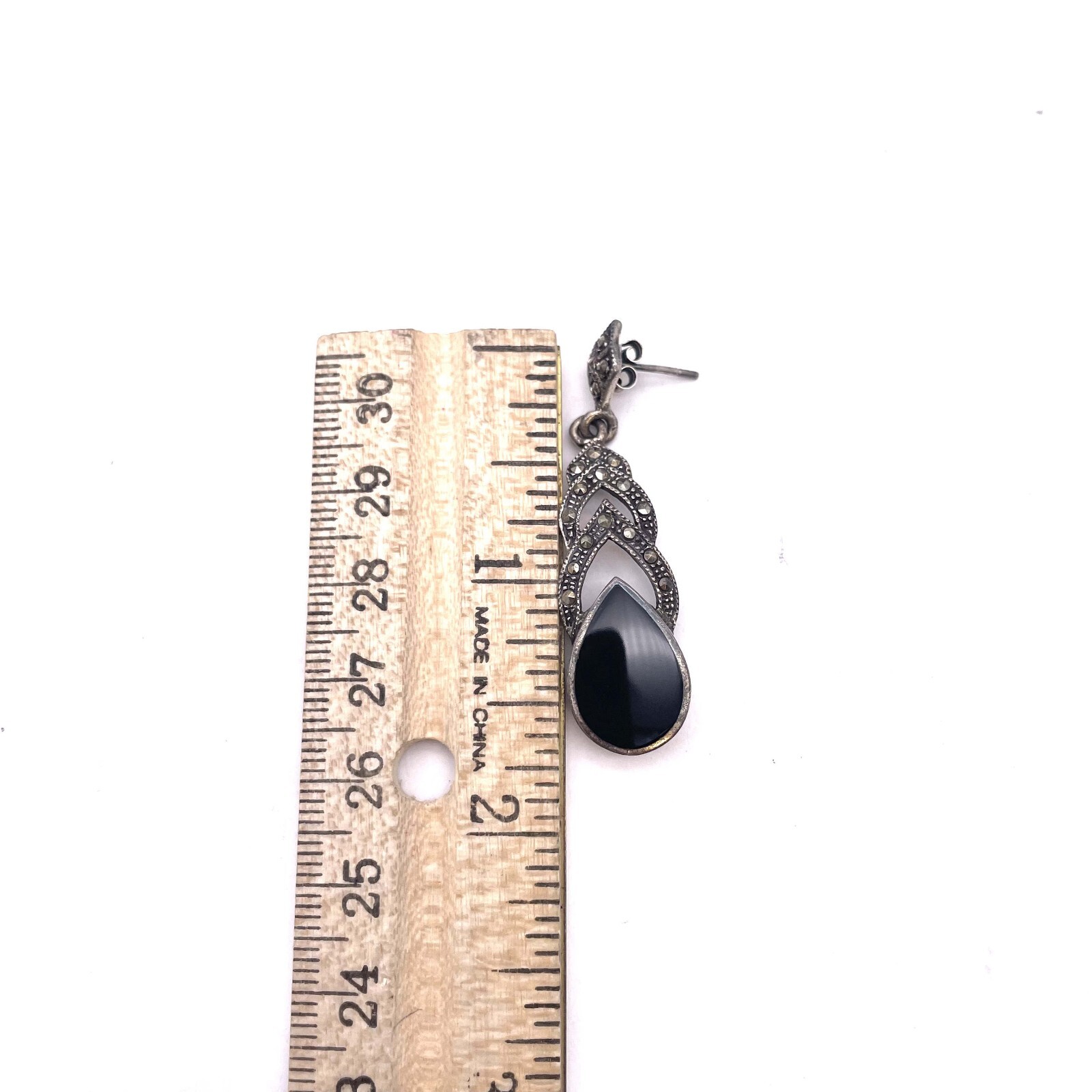 Black Onyx Marcasite Teardrop Dangle Earrings 925 Sterling Silver