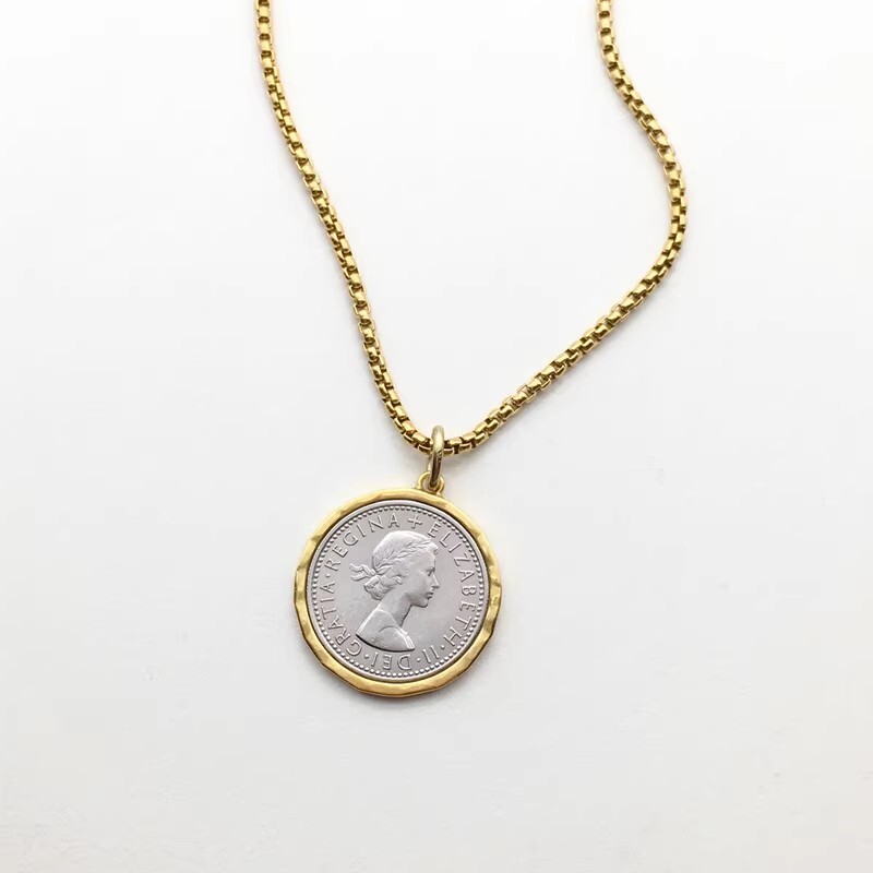 UK 6p Lucky Coin Pendant , Vintage Coin Glod Necklace 20″