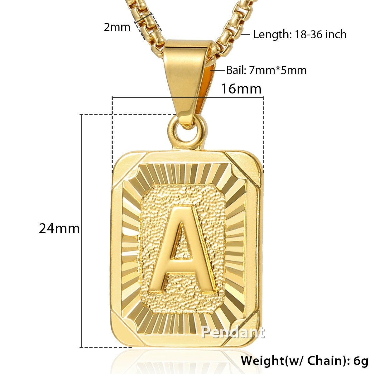 Gold Plated Square Initial Letter A-Z Pendant Necklace 2mm 18-36″ Box Link Chain