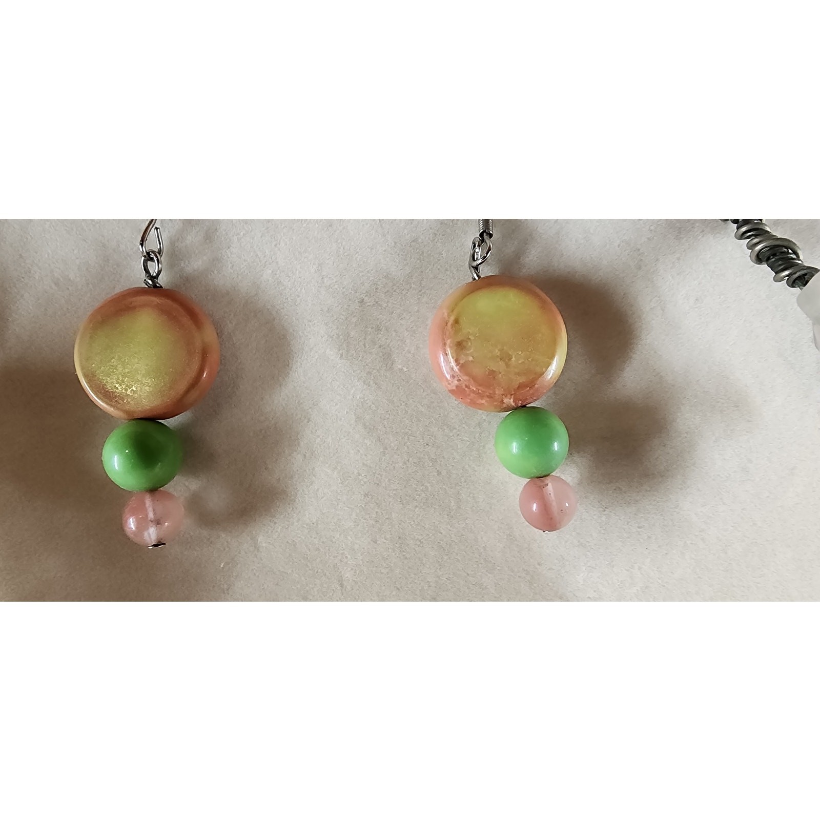 Handmade Artisan Gemstone Beaded Necklace Earring Set Pink Green Wire Wrap 20″