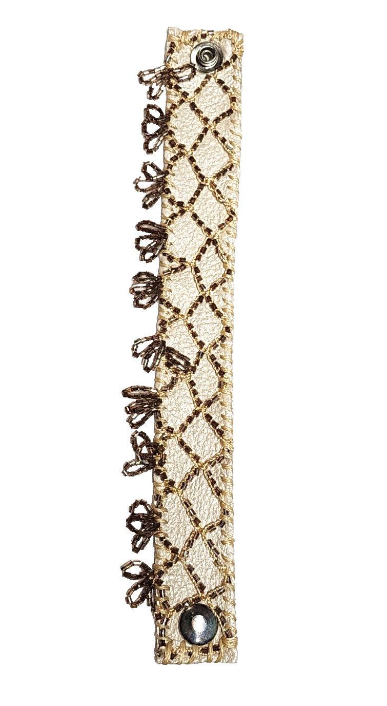 Handmade Cream White Genuine Leather Champagne Glass Beaded Cuff Bracelet Boho