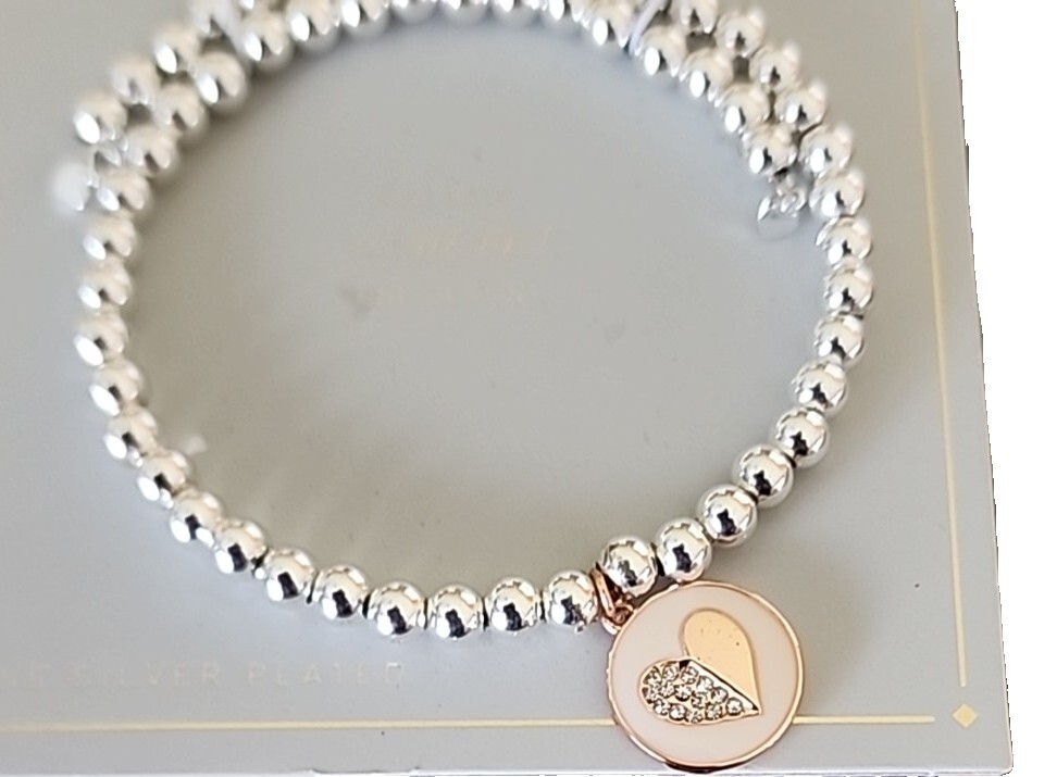 Silver Plated ~ Beaded Stretch Bracelet ~ Rose Gold Charm ~ One Love One Heart..