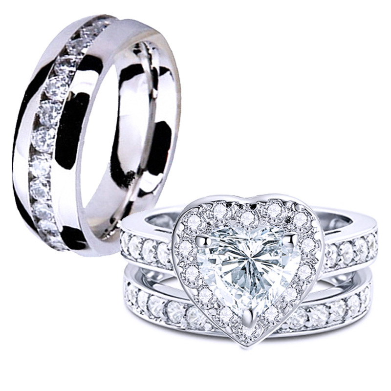 Hers CZ Sterling Silver Heart Shaped His Stainless Steel Wedding Ring Band Set
