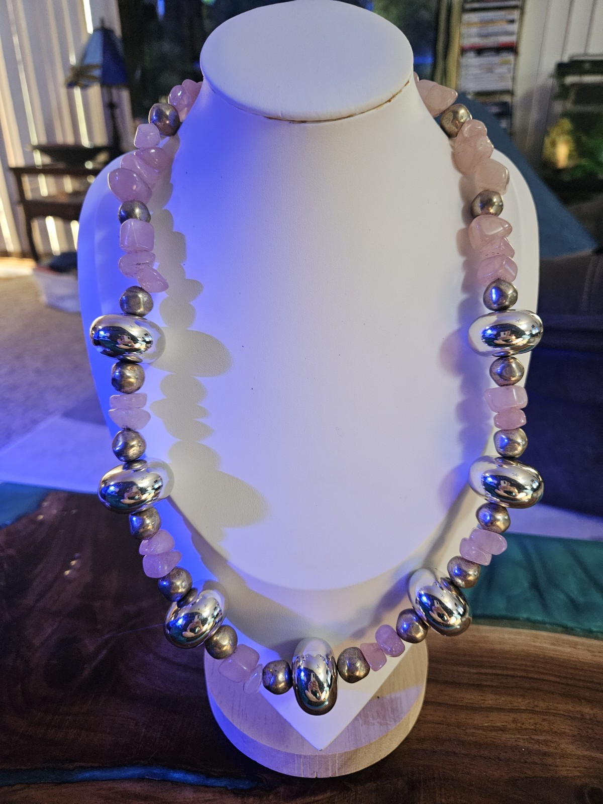 Vintage Chunky Rose Quartz And Silver Beaded Hook Closure Necklace