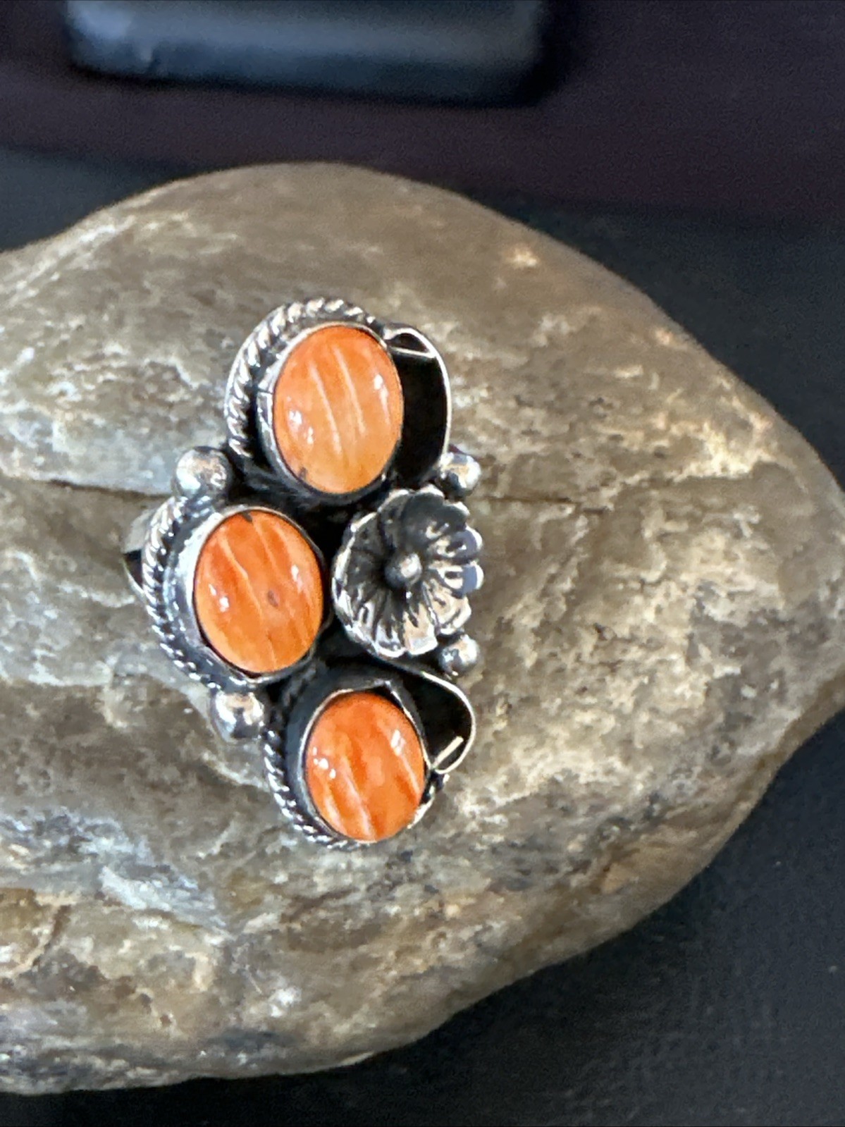 Orange Spiny Oyster Cluster Navajo Sterling Silver Ring Size 6.5 19185