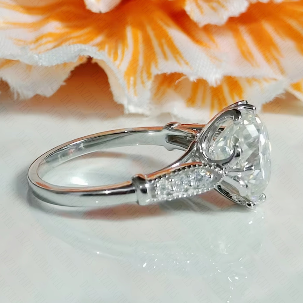 2.56 TCW Round Cut Portuguese Moissanite Engagement Ring 14k White Gold Plated